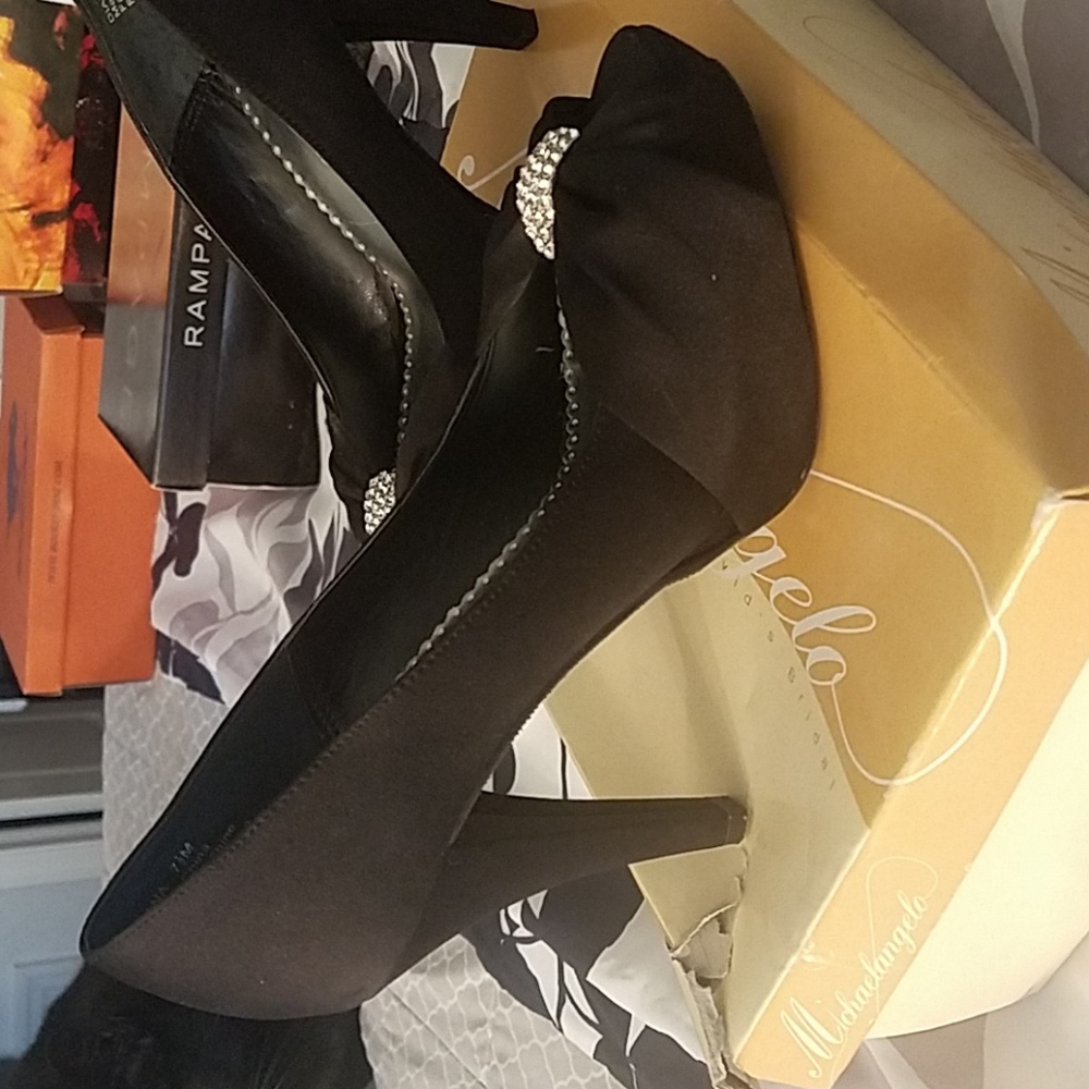 satin heels w/ rhinestones & peep toe - Picture 2 of 5